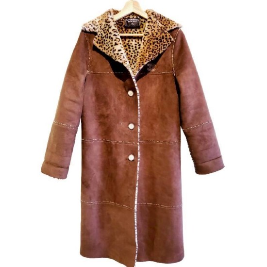 二手奢侈品香奈兒CHANEL豹紋麂皮羊絨毛外套(99新, 肩42胸56長102)-編號L240