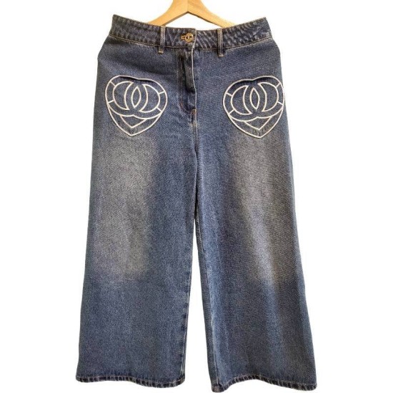 二手奢侈品香奈兒Chanel淺藍色寬版牛仔褲 (9.9新, 腰38臀50長90)-編號S100