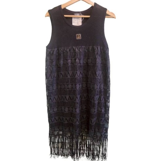 二手奢侈品香奈兒Chanel黑色無袖流蘇連衣裙 (9.9新, 肩36胸46長106)-編號S101