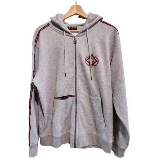 二手奢侈品Gucci灰色連帽拉鍊運動衫(9.9新, 肩50胸58長60)-編號S107