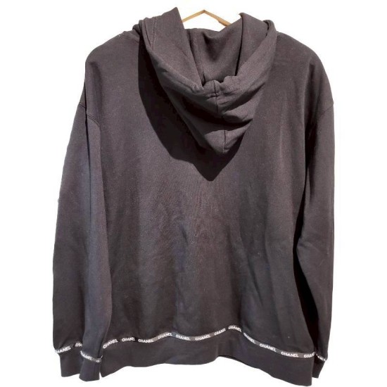 二手奢侈品香奈兒Chanel經典 CC 標誌皇冠圖案黑色連帽衫(9.9新, 肩60胸60長66)-編號S115