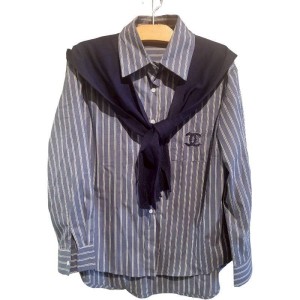 二手奢侈品Chanel香奈兒藍白條紋襯衫 (9.9新, 肩48胸56長80)-編號S127