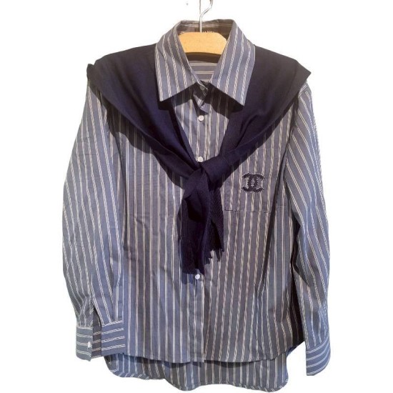 二手奢侈品Chanel香奈兒藍白條紋襯衫 (9.9新, 肩48胸56長80)-編號S127
