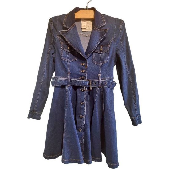 二手奢侈品Chanel香奈兒牛仔風衣襯衫洋裝(9.9新, 肩32胸42長85)-編號S129