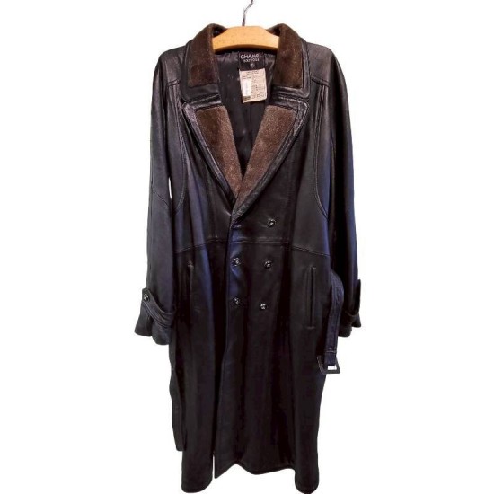 二手奢侈品Chanel香奈兒黑色皮革長版大衣 (9.9新, 肩56胸60長127)-編號S133