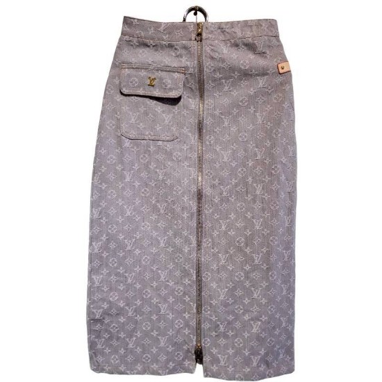 二手奢侈品LV路易威登灰色 Monogram 牛仔鉛筆裙(9.9新, 腰33臀46長80)-編號S135