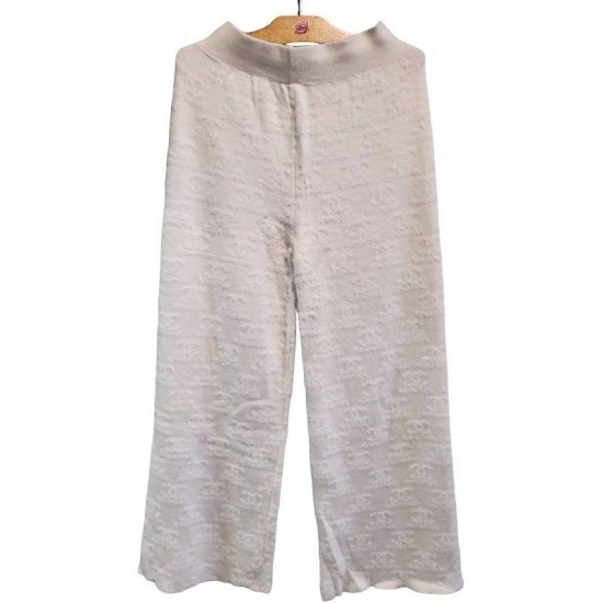 二手奢侈品Chanel香奈兒白色寬腿抽繩褲 (9.9新, 腰32臀48長103)-編號S137