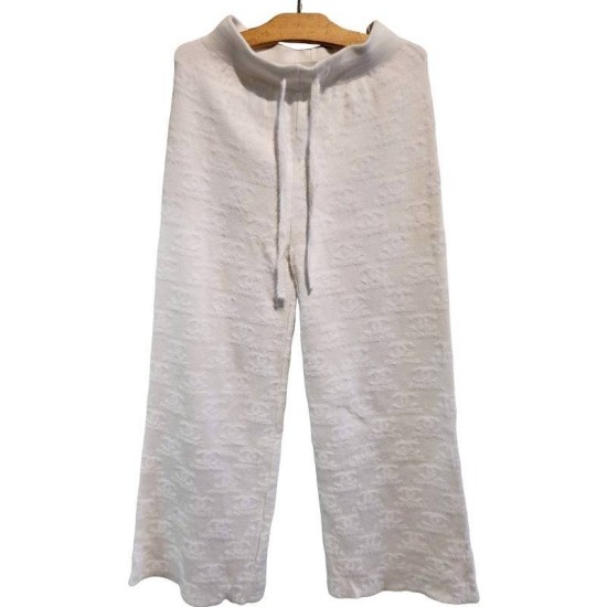 二手奢侈品Chanel香奈兒白色寬腿抽繩褲 (9.9新, 腰32臀48長103)-編號S137