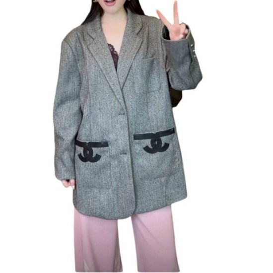 二手奢侈品Chanel香奈兒Uniform 系列深灰色人字紋西裝外套 (9.9新, 肩42胸58長83)-編號S150