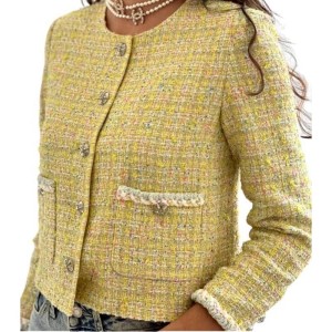 二手奢侈品Chanel香奈兒2024 Cruise (24C) 度假系列黃色斜紋軟呢外套(9.9新, 肩38×胸46×長52)-編號S151