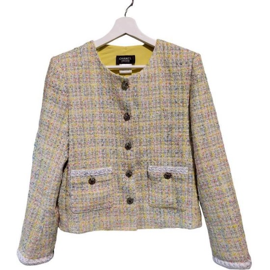 二手奢侈品Chanel香奈兒2024 Cruise (24C) 度假系列黃色斜紋軟呢外套(9.9新, 肩38×胸46×長52)-編號S151