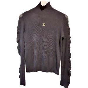 二手奢侈品Chanel香奈兒黑色女裝針織套頭衫 (9.9新, 肩38×胸42×長62)-編號S152