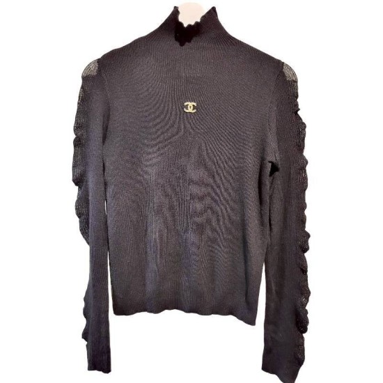二手奢侈品Chanel香奈兒黑色女裝針織套頭衫 (9.9新, 肩38×胸42×長62)-編號S152
