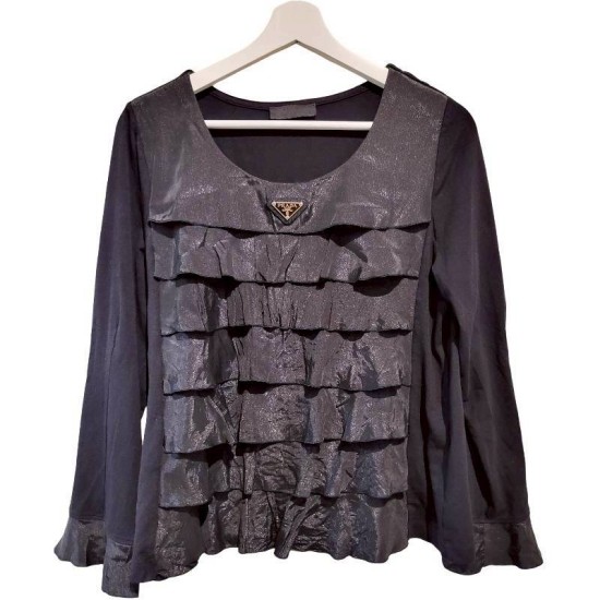 二手奢侈品Prada普拉達黑色絲綢荷葉邊上衣 (9.9新, 肩40胸48長58)-編號S153
