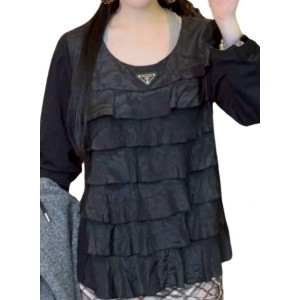 二手奢侈品Prada普拉達黑色絲綢荷葉邊上衣 (9.9新, 肩40胸48長58)-編號S153