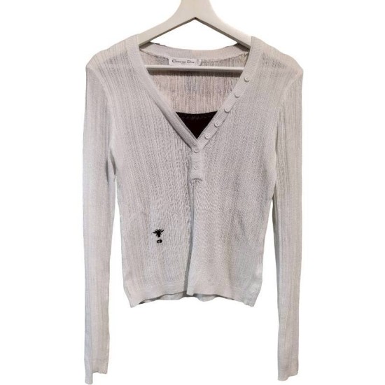 二手奢侈品Dior迪奧白色V領針織開衫 (9.9新, 肩42×胸48×長50)-編號S154