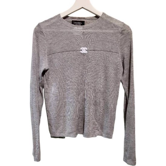 二手奢侈品Chanel香奈兒Uniform系列灰色長袖針織上衣(9.9新, 肩36×胸48×長58)-編號S155