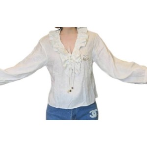 二手奢侈品Chanel香奈兒Boutique系列白色荷葉邊襯衫(9.9新, 肩46×胸47×長57)-編號S156