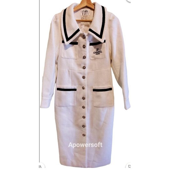 二手奢侈品Chanel香奈兒手工白色縫製呢羊毛羊裝外套(9.9新, 肩38胸42長113, 官碼38)-編號S19