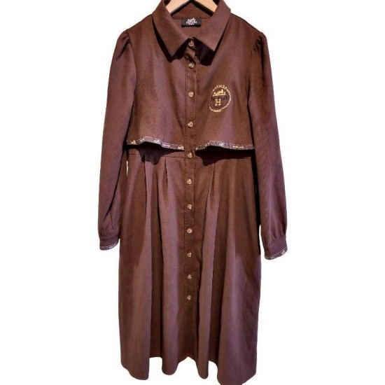 二手奢侈品愛瑪仕咖色棉麻連身裙 (9.9新, 肩36胸42長113)-編號S49