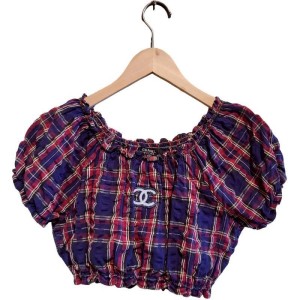 二手奢侈品香奈兒CHANEL 格子短版短袖上衣  (9.9新, 肩36胸40長25)-編號S52