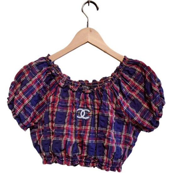 二手奢侈品香奈兒CHANEL 格子短版短袖上衣  (9.9新, 肩36胸40長25)-編號S52
