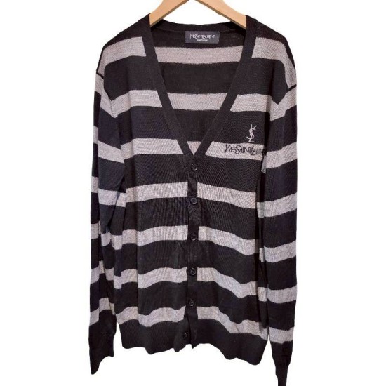 二手奢侈品聖羅蘭YSL灰條紋針織開襟衫 (9.9新, 肩50胸52長68)-編號S57