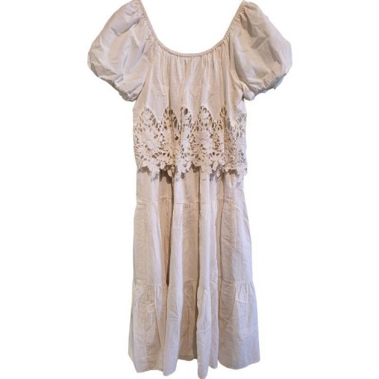 二手奢侈品香奈兒CHANEL刺繡與鏤空花邊細節白色棉質洋裝(9.9新, 肩36胸40長102)-編號S69