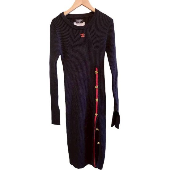 二手奢侈品香奈兒CHANEL黑色羅紋針織連身裙 (9.9新, 肩38胸40長102)-編號S72