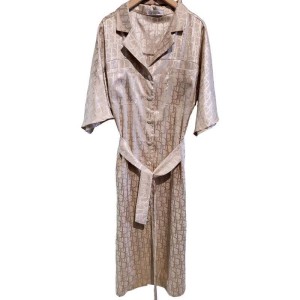 二手奢侈品迪奧Dior Oblique米色絲綢襯衫式洋裝 (9.9新, 肩46胸54長114)-編號S74