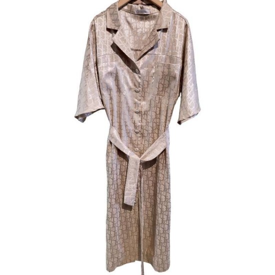 二手奢侈品迪奧Dior Oblique米色絲綢襯衫式洋裝 (9.9新, 肩46胸54長114)-編號S74