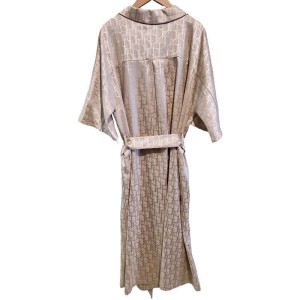 二手奢侈品迪奧Dior Oblique米色絲綢襯衫式洋裝 (9.9新, 肩46胸54長114)-編號S74