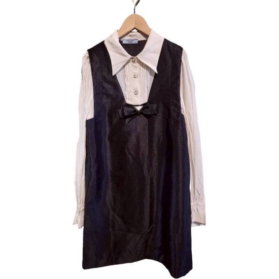 二手奢侈品Prada普拉達黑白配色無袖連身裙搭配長袖 (9.9新, 肩34胸42長85)-編號S75