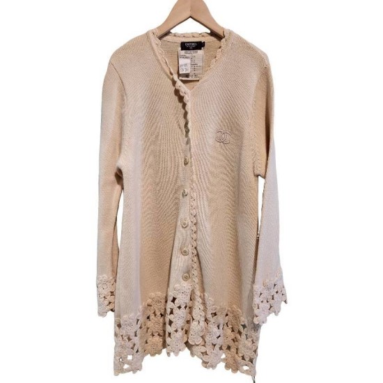 二手奢侈品香奈兒Chanel米色針織開襟衫 (9.9新, 肩42胸48長82)-編號S77