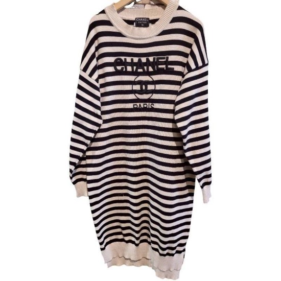 二手奢侈品香奈兒Chanel白條紋針織洋裝 (9.9新, 肩57胸54長97)-編號S78