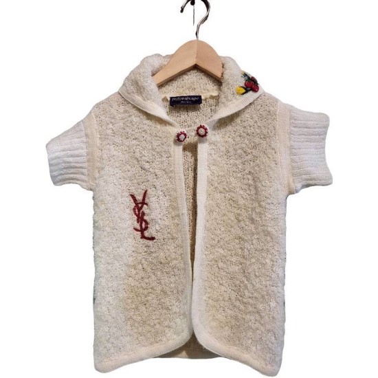 二手奢侈品YSL聖羅蘭奶油色短袖針織開襟衫 (9.9新, 肩32胸40長56)-編號S79