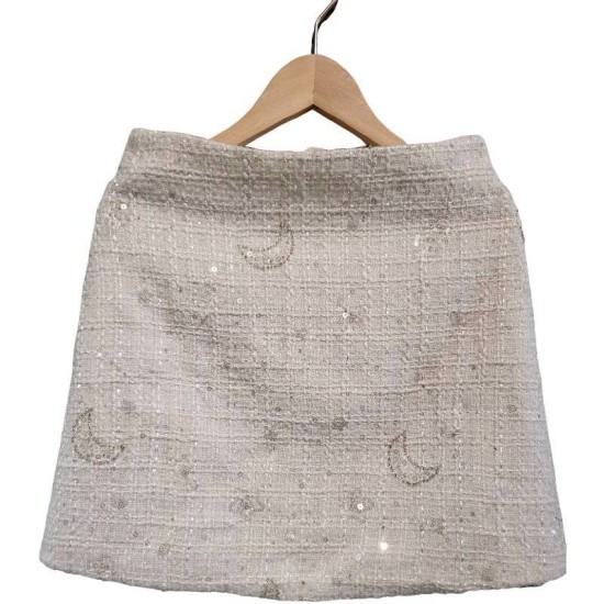 二手奢侈品香奈兒Chanel白色閃光斜紋軟呢迷你裙 (9.9新, 腰32臀38長38)-編號S80