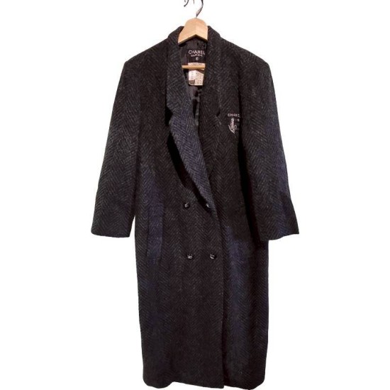 二手奢侈品香奈兒Chanel的深灰色人字紋羊毛大衣 (9.9新, 肩40胸50長122)-編號S85