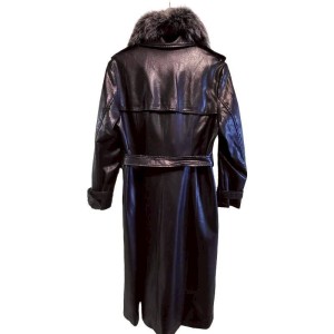 二手奢侈品香奈兒Chanel黑色蛋白皮革長版大衣(配有毛領和腰帶) (9.9新, 肩42胸42長123)-編號S86