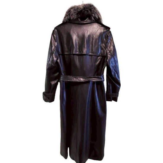 二手奢侈品香奈兒Chanel黑色蛋白皮革長版大衣(配有毛領和腰帶) (9.9新, 肩42胸42長123)-編號S86