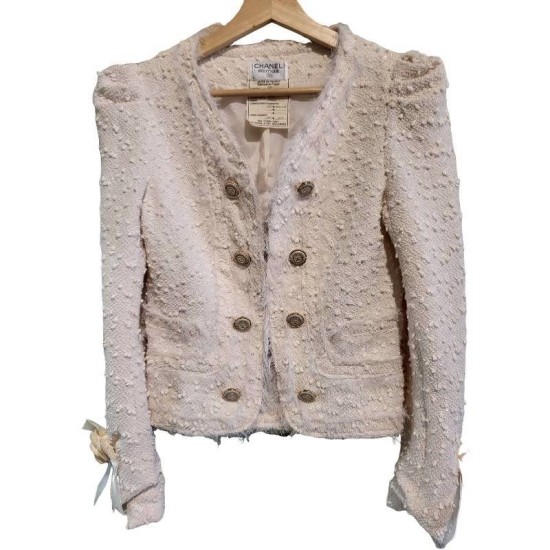 二手奢侈品香奈兒Chanel淡粉色粗花呢短版夾克 (9.9新, 肩36胸40長52)-編號S87