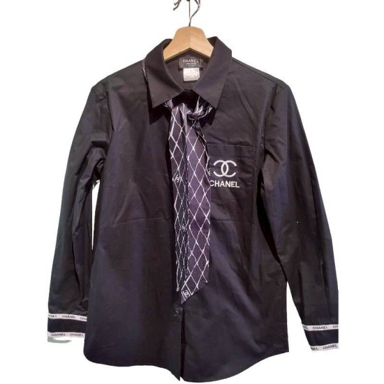 二手奢侈品香奈兒Chanel襯衫(配有領帶和袖口飾有品牌標誌)(9.9新,肩40胸46長74)-編號S88