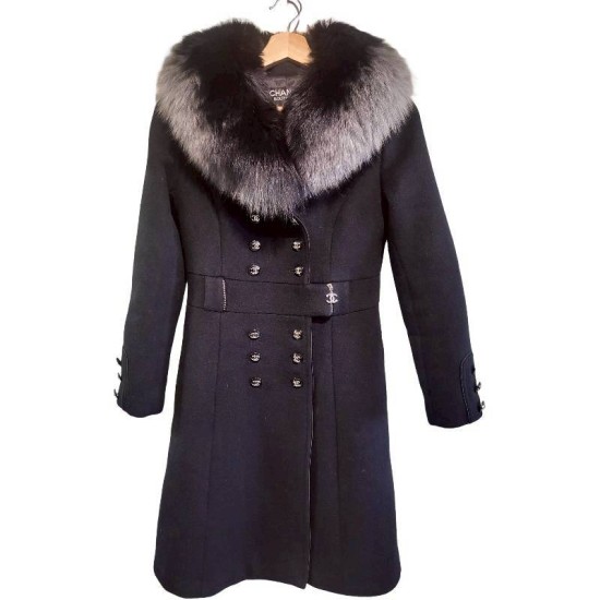 二手奢侈品CHANEL香奈兒黑色毛領大衣 (9.9新, 肩40胸42長96)-編號S94