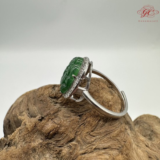 【肌容雪】天然緬甸A貨翡翠雕刻牡丹花可調節戒指 編號242(戒圍18.6mm#15號)