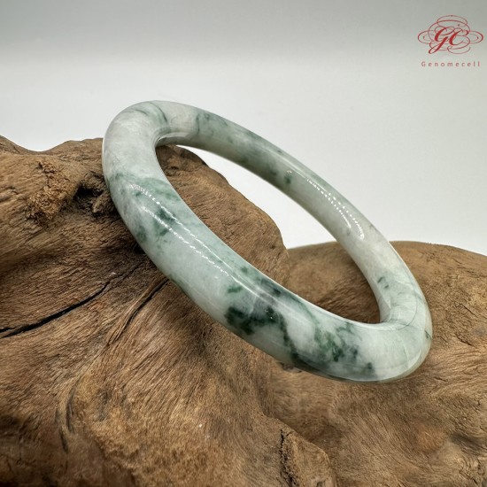 【肌容雪】天然緬甸A貨白底飄綠花翡翠圓條手鐲 編號294(鐲圍55.6mm#17.5號)