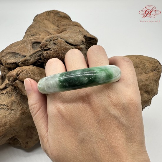 【肌容雪】天然緬甸A貨翡翠正陽白底綠飄花平安鐲 編號310(鐲圍54.3mm#17號)