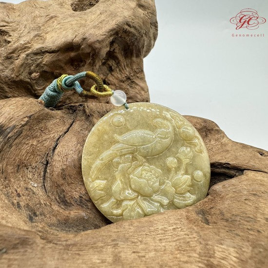 【肌容雪】天然緬甸A貨冰黃翡翠花開富貴平安圓牌吊墜繩 編號331