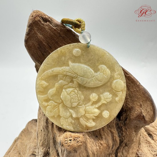 【肌容雪】天然緬甸A貨冰黃翡翠花開富貴平安圓牌吊墜繩 編號331