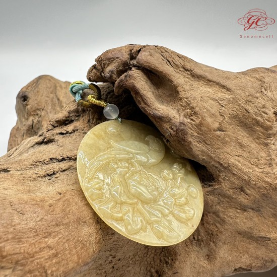 【肌容雪】天然緬甸A貨冰黃翡翠花開富貴平安圓牌吊墜繩 編號331