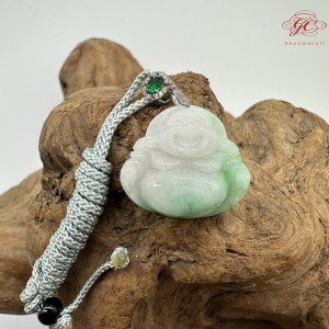 【肌容雪】天然緬甸A貨白底青翡翠彌勒佛吊墜繩 編號332